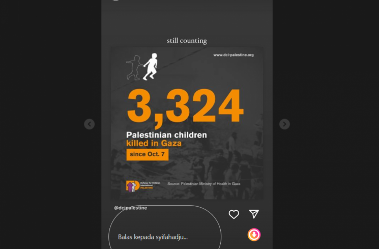Syifa Hadju memposting jumlah anak kecil Palestina yang tewas akibat pemboman Israel di akun Instagram [Instagram @syifahadju]