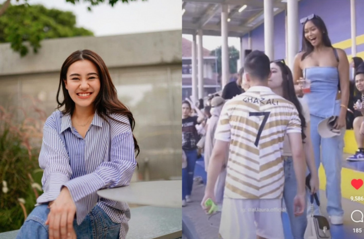 Aaliyah Massaid yang hadir untuk menyemangati pasangannya Thariq Halilintar, malah dibuat cengar-cengir dengan tingkah Al ke Laura. (Kolase Instagram/@al.laura.official/@aaliyah.massaid)