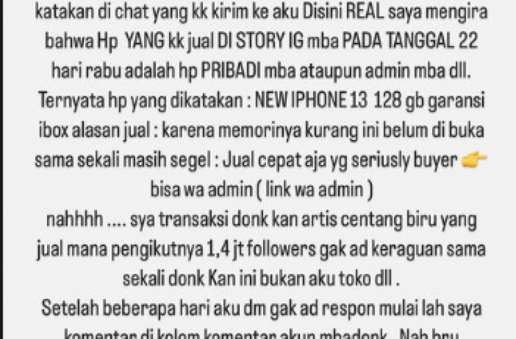 Curhatan netizen tertipu beli HP dari link yang diunggah Marrisya Icha. (tangkapan layar/Instagram) [Instagram.]