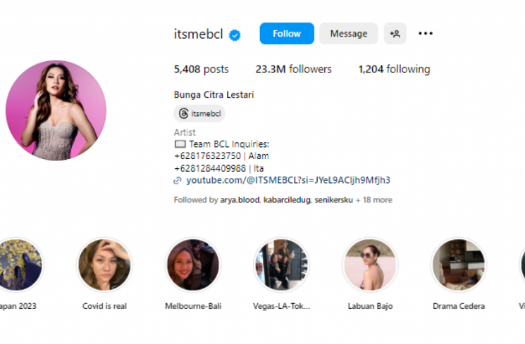 Bunga Citra Lestari alias BCL mengganti nama akun Instagram pribadinya. (tangkapan layar/Instagram) [Instagram.]