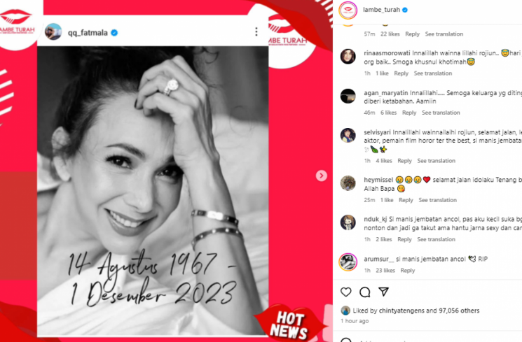 Kiki Fatmala Wafat. (tangkapan layar/Instagram)