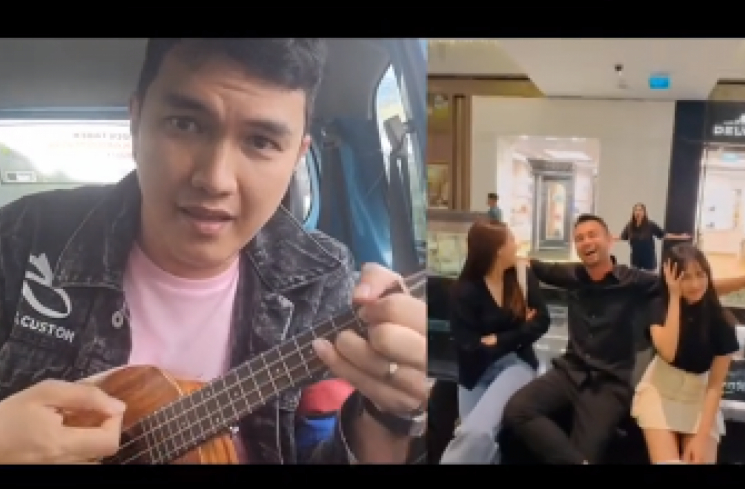Momen Aldi Taher menyanyikan lagu ciptaannya yang berjudul  Fuji dan Aaliyah Saling Menyayangi'. (tangkapan layar/TikTok. [TikTok.]