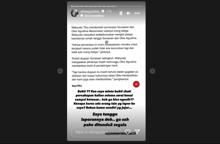 Okie Agustina murka atas desakan pembuktian perselingkuhan Gunawan Dwi Cahyo