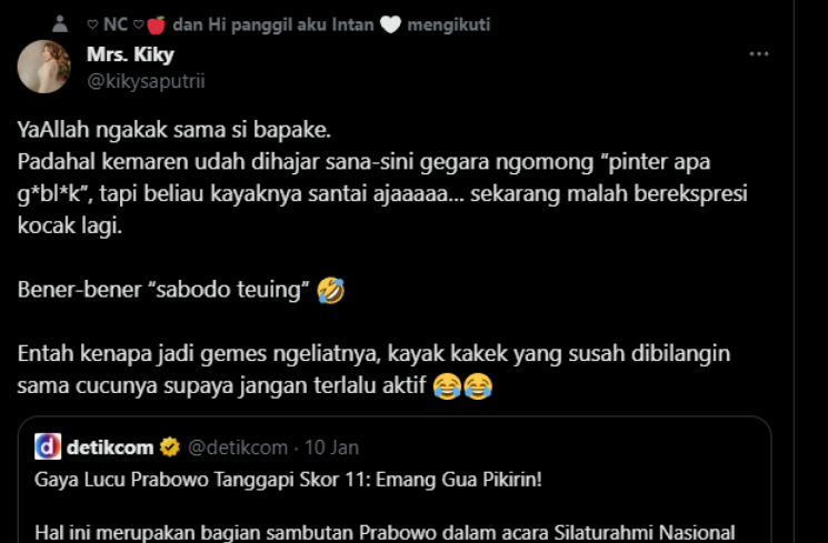 Cuitan Kiky Saputri tertawa ngakak lihat video pidato Capres nomor urut dua, Prabowo Subianto. (tangkapan layar/ Twitter).