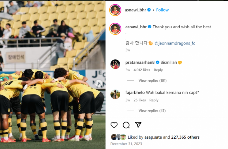Ucapan perpisahan Asnawi kala meninggalkan Jeonnam Dragons Fc
