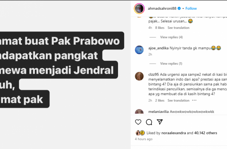 Unggahan Sahroni beri selamat ke Prabowo sabet jenderal bintang empat. (tangkapan layar/instagram) [Instagram.]