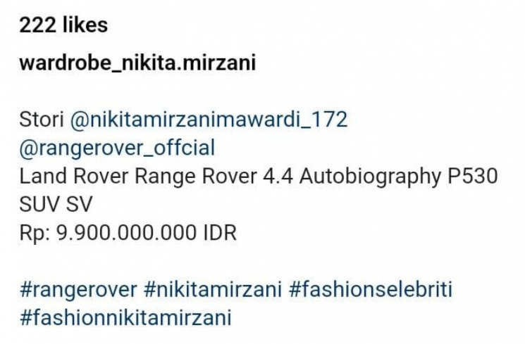 Informasi mengenai harga mobil Nikita Mirzani [Instagram/@wardrobe_nikita.mirzani]