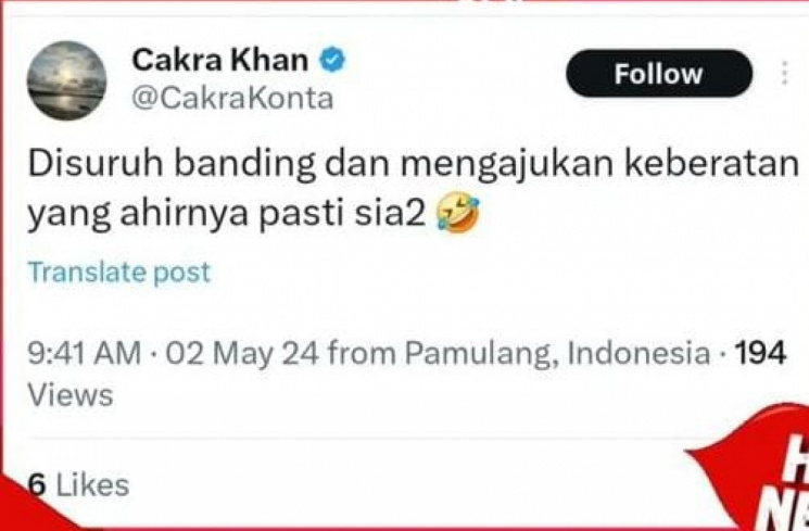 Cuitan Cakra Khan mengenai pengalamannya dengan Bea Cukai [Twitter/@CakraKonta]