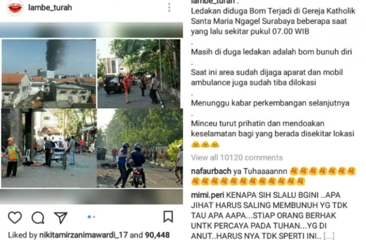 Postingan Lambe Turah soal Bom Surabaya yang dikomentari Nafa Urbach.