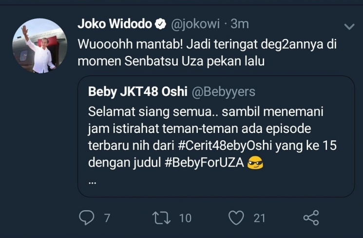 Balasan akun Twitter Jokowi pada Beby JKT48