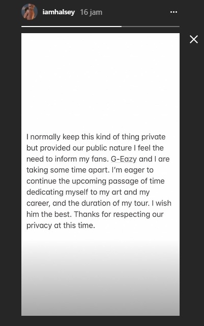 Halsey umumkan hubungannya dengan G-Eazy putus.