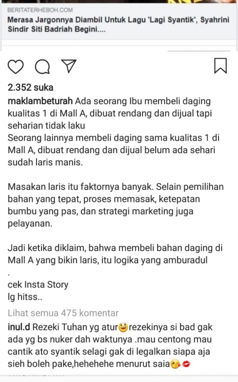 Komentar Inul Daratista/ Instagram @maklambeturah