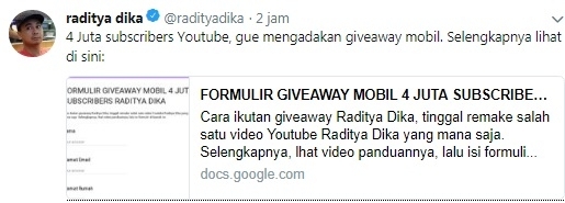 Sayembara Raditya Dika bagikan mobil di Twitter.