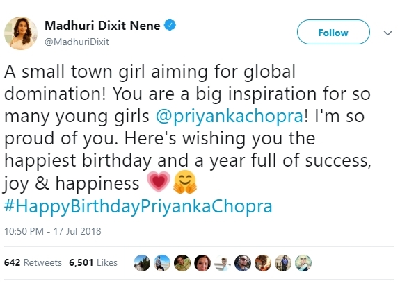 Madhuri Dixit ucapkan selamat ultah pada Priyanka Chopra from Twitter @MadhuriDixit