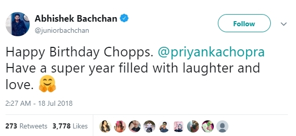 Abhishek Bachchan ucapkan selamat ultah pada Priyanka Chopra from Twitter @juniorbachchan