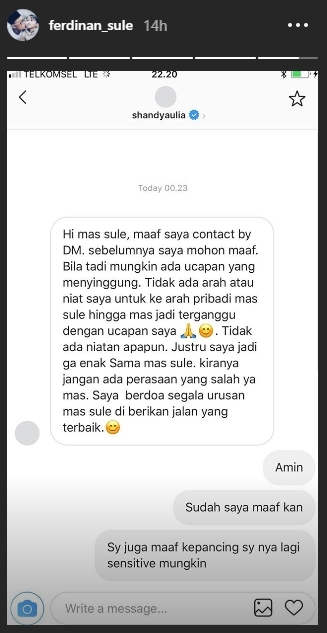 Shandy Aulia dan Sule saling memaafkan. (Instagram/@ferdinan_sule)