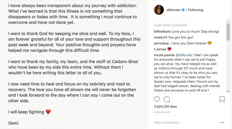 Pesan dari Demi Lovato. (Instagram/@ddlovato)