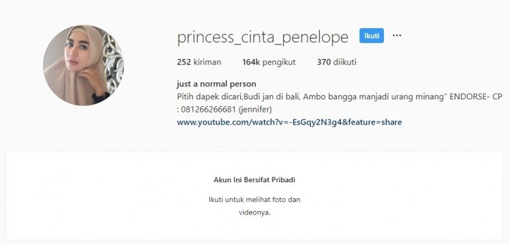 Selab Indonesia yang mengunci akun Instagramnya. (Instagram/@princess_cinta_penelope)
