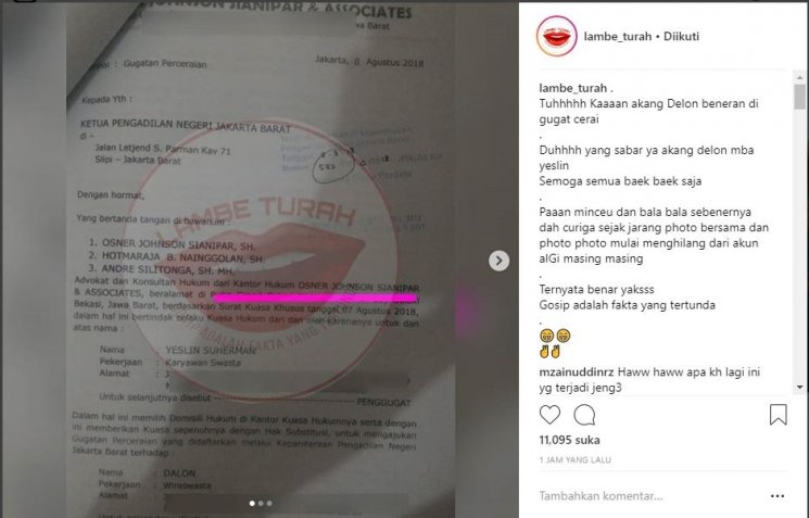 Surat gugatan cerai Yeslin Wang pada Delon Thamrin. (Instagram/@lambe_turah)
