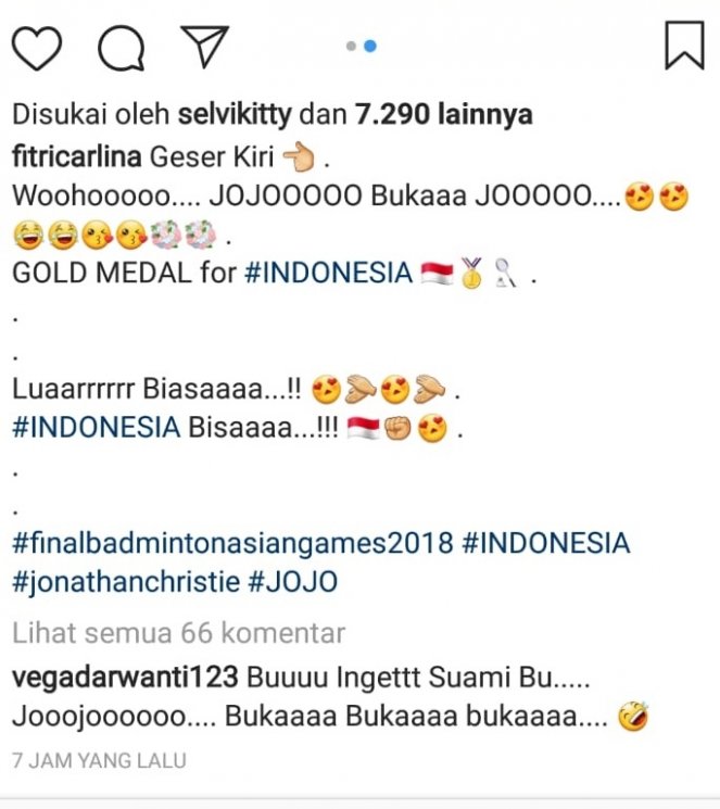Komentar Vega Darwanti. (Instagram)