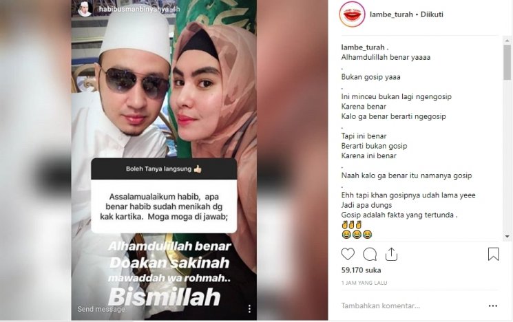 Habis Usman bin Yahya benarkan telah menikah dengan Kartika Putri. (Instagram/@lambe_turah)