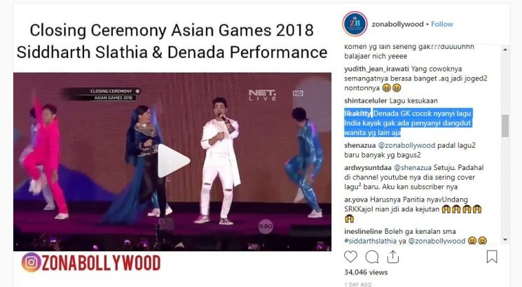 Penampilan Denada dan Siddharth Slathia di Penutupan Asian Games 2018. (Instagram/@zonabollywood)