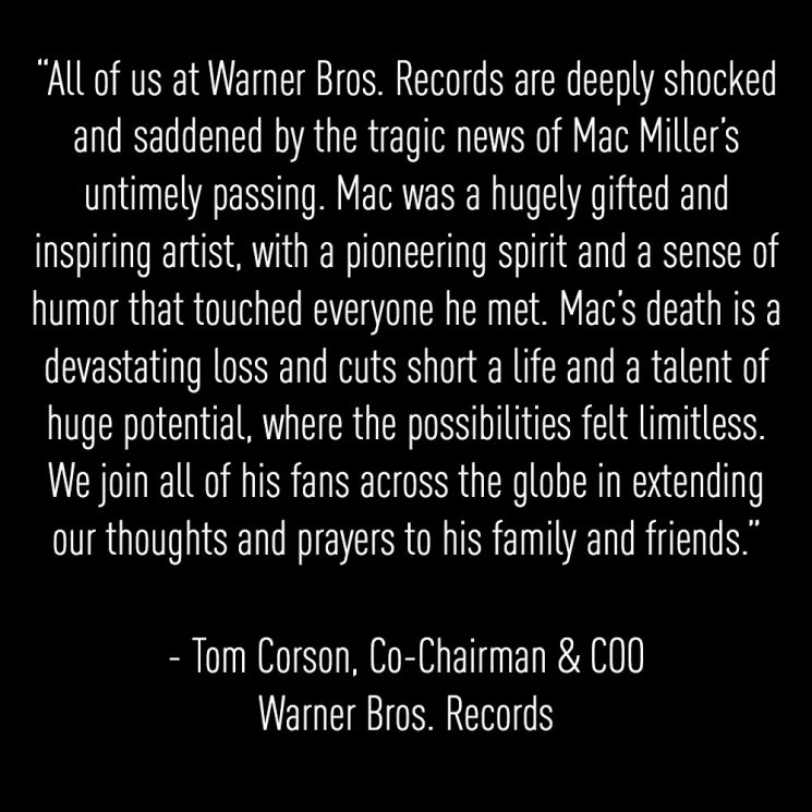 Pernyataan Warner Bros, Records atas kematian Mac Miller (Twitter/@wbr)