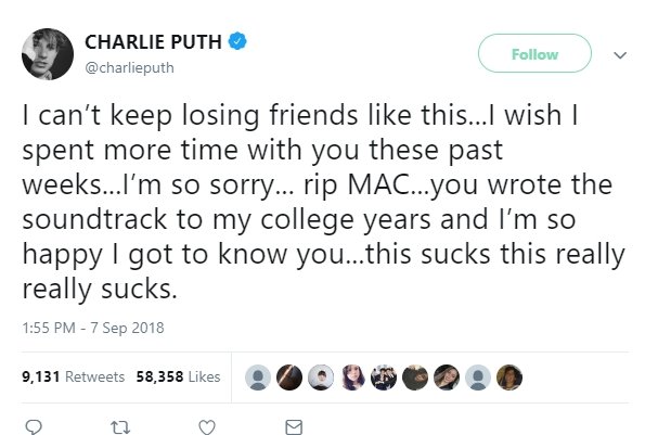 Charlie Puth untuk Mac Miller (twitter/@charlieputh)