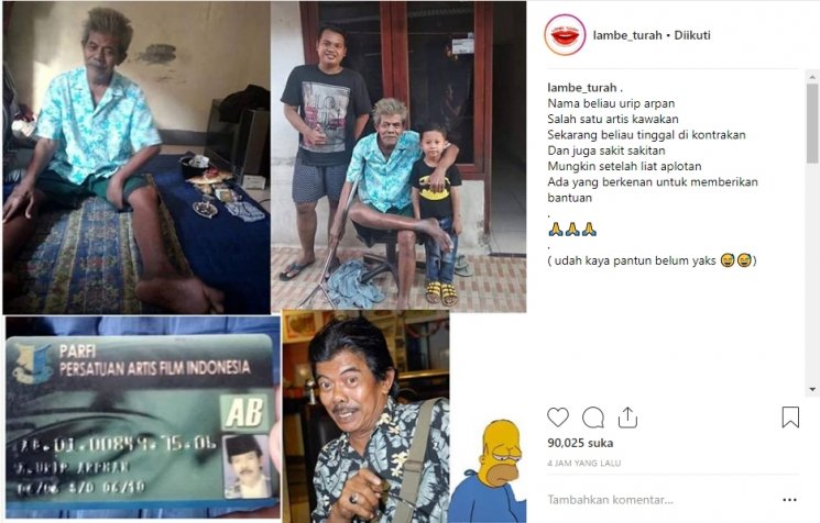Kabar terkini Urip Arphan. (Instagram/@lambe_turah)