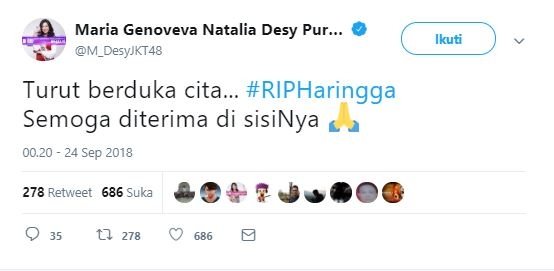 Ucapan belasungkawa Desy JKT48. (Twitter)