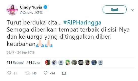 Ucapan belasungkawa Cindy JKT48. (Twitter)