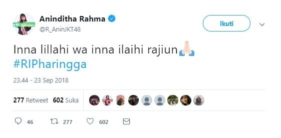 Ucapan belasungkawa Anin JKT48. (Twitter)