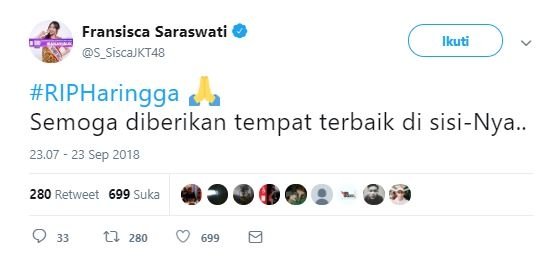 Ucapan belasungkawa Sisca JKT48. (Twitter)