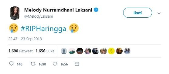 Ucapan belasungkawa Melody JKT48. (Twitter)