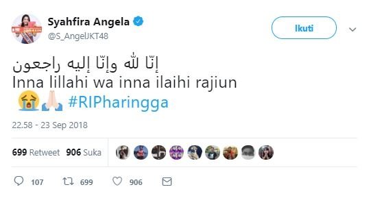 Ucapan belasungkawa Angel JKT48. (Twitter)