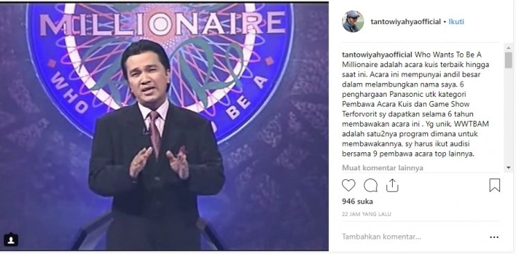 Tantowi Yahya di Who Wants to be a Millionaire. (Instagram/@tantowiyahya)