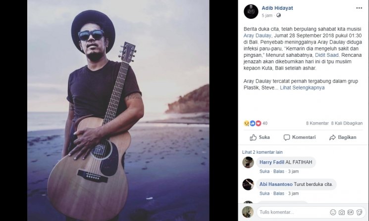 Aray Dulay meninggal dunia. (Facebook.com/Adib Hidayat)