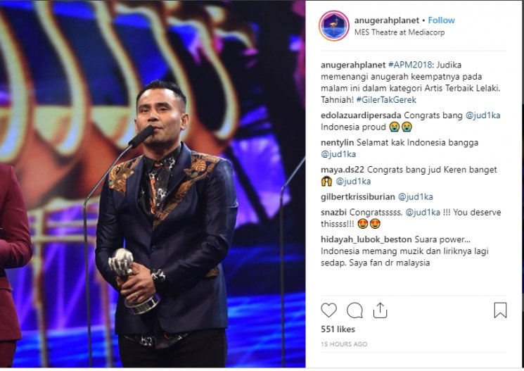 Judika di Anugerah Planet Muzik 2018 (Instagram/@anugerahplanet)