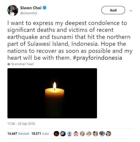 Ucapan duka dari Siwon Super Junior untuk korban tsunami Palu dan Donggala. (Twitter/@siwonchoi)