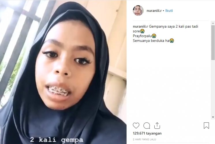 Cerita Nurani rasakan gempa Palu. (Instagram/@nuraniii.r)