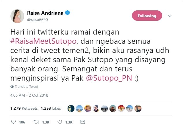 Raisa semangati Sutopo. (Twitter/@raisa6690)