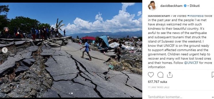 Ungakapan keprihatinan David Beckham atas bencana gempa dan tsunami Palu dan Donggala. (Instagram/@davidbeckham)