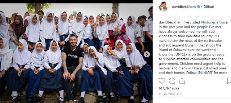 Ungakapan keprihatinan David Beckham atas bencana gempa dan tsunami Palu dan Donggala. (Instagram/@davidbeckham)