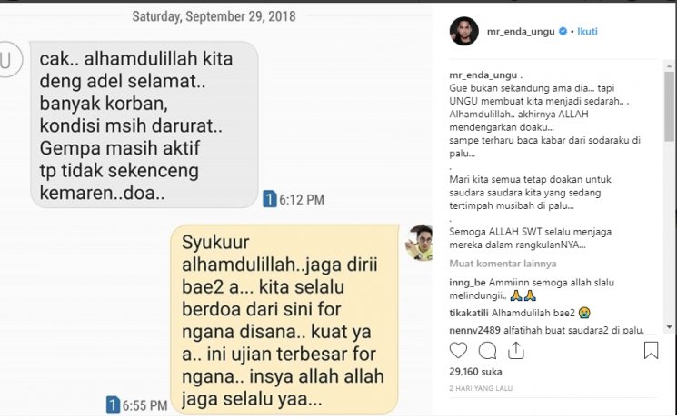 Percakapan Enda Ungu dan Pasha Ungu (Instagram/@mr_enda_ungu)