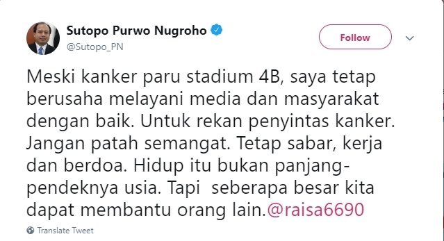 Curhatan Sutopo Purwo Nugroho. (Twitter/@Sutopo_PN)