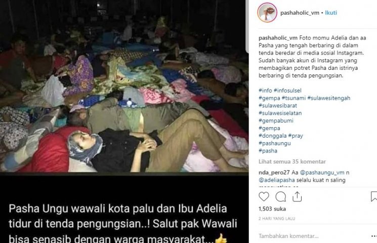 Pasha Ungu dan Adelia Wilhelmina tidur di lokasi pengungsian berbaur dengan korban bencana. (Instagram/@pashaholic_vm)
