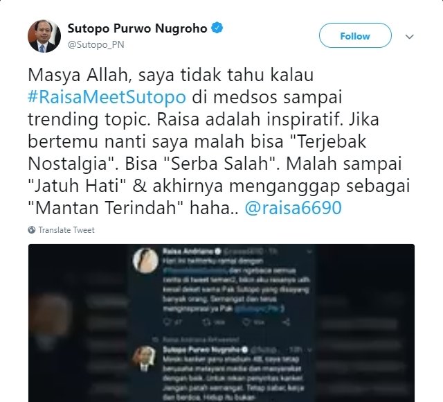 Gombalan Sutopo Purwo Nugroho untuk Raisa Andriana. (Twitter/@sutopo_pn)