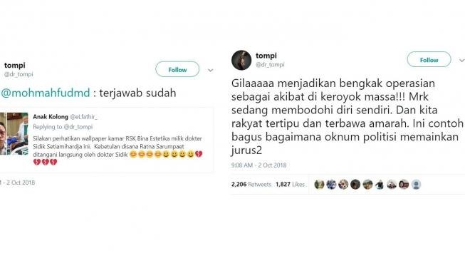 Kecurigaan Tompi atas wajah babak belur Ratna Sarumpaet (Twitter/@dr_Tompi)