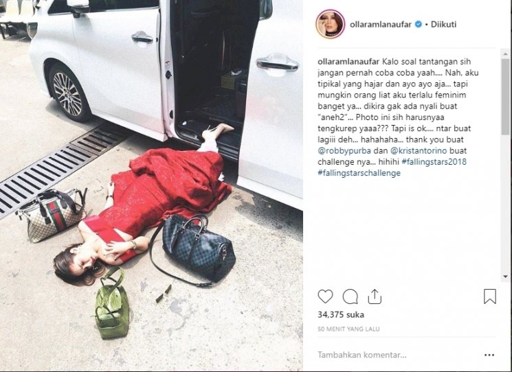 Olla Ramlan lakukan falling stars challenge. (Instagram/@ollaramlanaufar)
