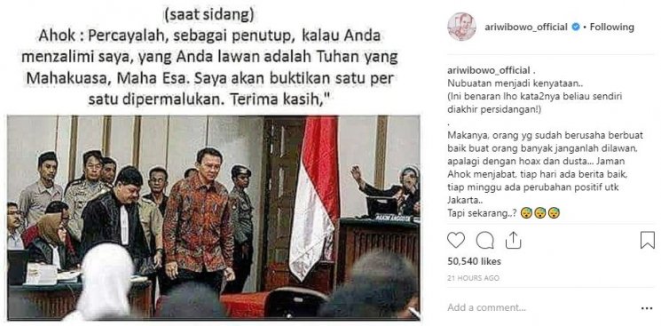 Postingan di akun Instagram Ari Wibowo